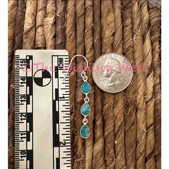 Three Stone Teardrop Turquoise Dangle Earrings| Sterling Silver 2” - Picture 4 of 4